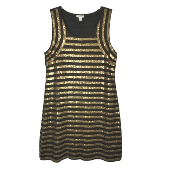 Garnet Hill Pima Cotton Sequin Mini Dress Sleeveless Sz Large Brown Gold Stripes - Picture 1 of 11